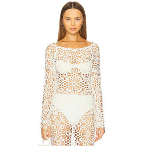 NWT Norma Kamali Off Shoulder Raglan Crochet Cover-Up Top Cream Women's Size S